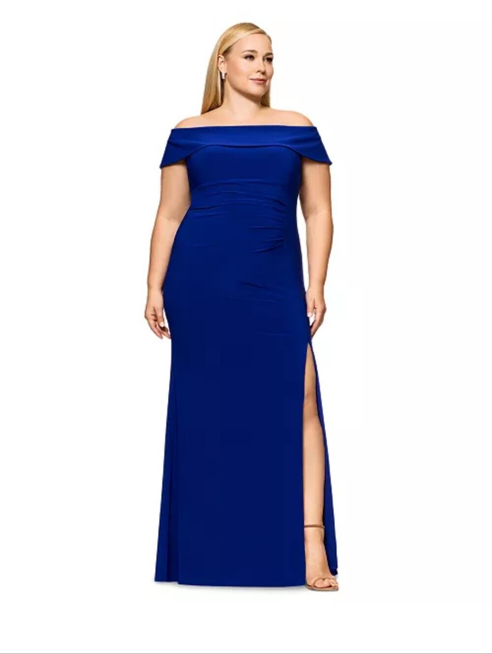 NWT Xscape X by Xscape Blue Off Shoulder Ruched Evening Gown Maxi Dress Size 4